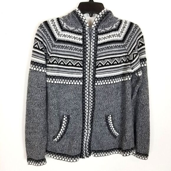 The Alpaca Connection Women Alpaca Blend Cardigan Sz S Gray Hooded Fair Isle Zip - Picture 1 of 6